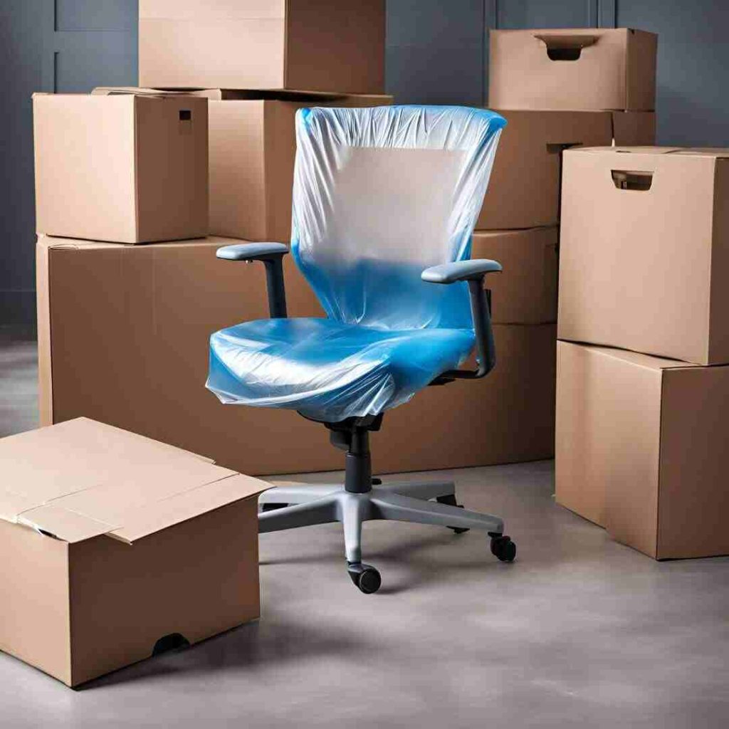 chair and boxes are ready for relocation the office