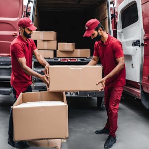 Two person lloading packages from a cargo van